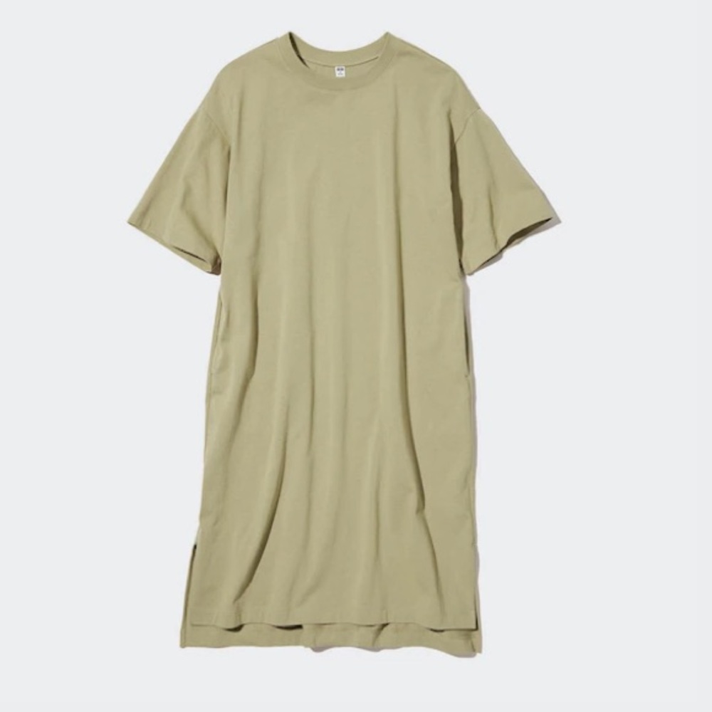 Uniqlo Beige Crew Neck T-Shirt Dress With Pockets Size Large